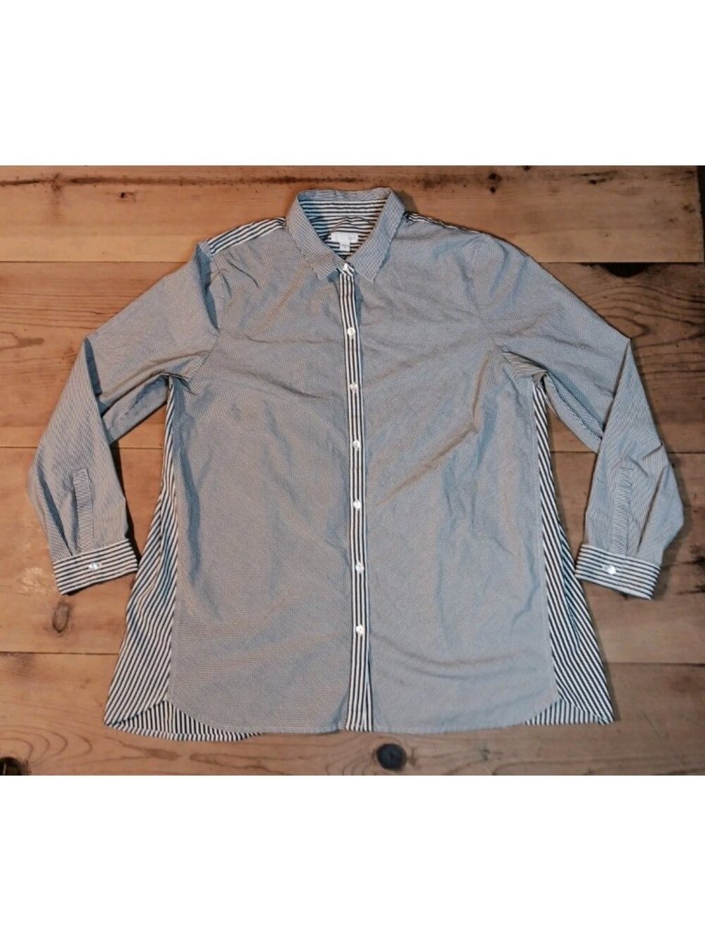 J Jill Button Front Shirt Womens XL Gray Stripe Mixed Print Long Sleeve Stretch